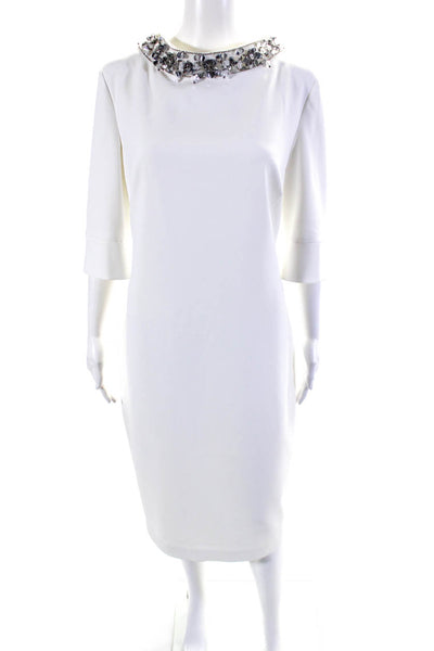 Badgley Mischka Womens Embroidered Jeweled Round Neck Zipped Dress White Size 16