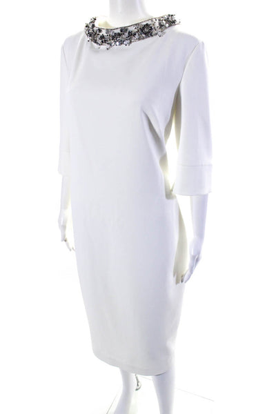 Badgley Mischka Womens Embroidered Jeweled Round Neck Zipped Dress White Size 16