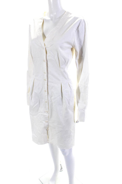 Tibi Womens Cotton Long Sleeve V Neck Pleated Button Down Dress White Size M