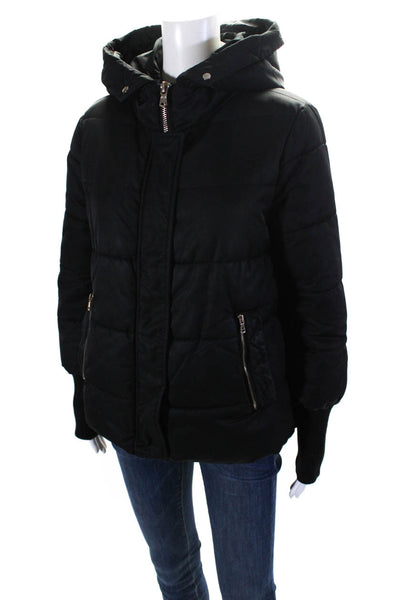 Zara Womens Quilted Hooded Zip Up Mid Length Puffer Coat Jacket Black Size M