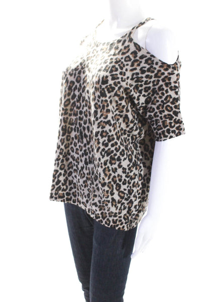 Minnie Rose Womens Cashmere Leopard Print Cut Out Short Sleeve Top Brown Size M