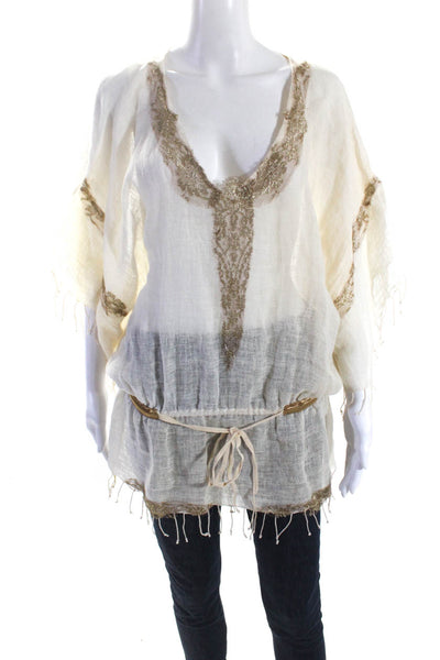 Vanita Rosa Womens Linen Lace Trim V-Neck Tunic Top Blouse Beige Size OS