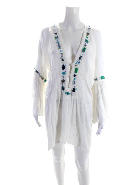 Emamo Womens Cotton Sheer Beaded V-Neck Cover Up Dress White Size 8