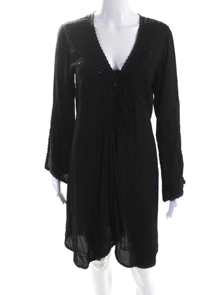 Ligne Kiwi Womens Beaded V-Neck Long Sleeve Cover Up Dress Black Size L