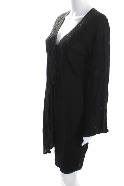 Ligne Kiwi Womens Beaded V-Neck Long Sleeve Cover Up Dress Black Size L