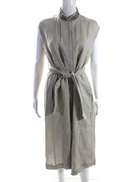 Tonet Womens Linen Zip Up Fringe Edge Belted Shift Dress Light Gray Size M