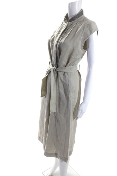 Tonet Womens Linen Zip Up Fringe Edge Belted Shift Dress Light Gray Size M