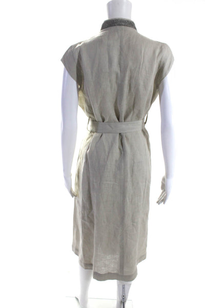 Tonet Womens Linen Zip Up Fringe Edge Belted Shift Dress Light Gray Size M