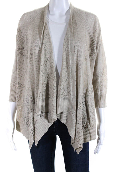 Eileen Fisher Womens Pointelle Open Front Cardigan Sweater Beige Linen Medium