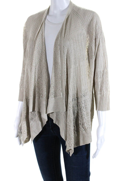 Eileen Fisher Womens Pointelle Open Front Cardigan Sweater Beige Linen Medium