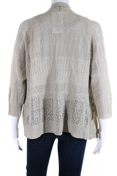 Eileen Fisher Womens Pointelle Open Front Cardigan Sweater Beige Linen Medium