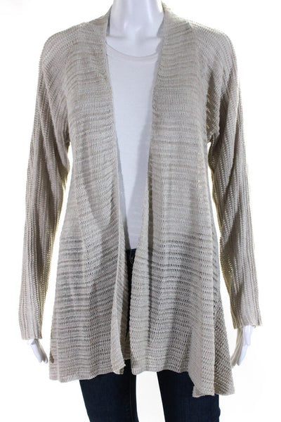 Eileen Fisher Womens Long Open Front Cardigan Sweater Beige Linen Size Medium