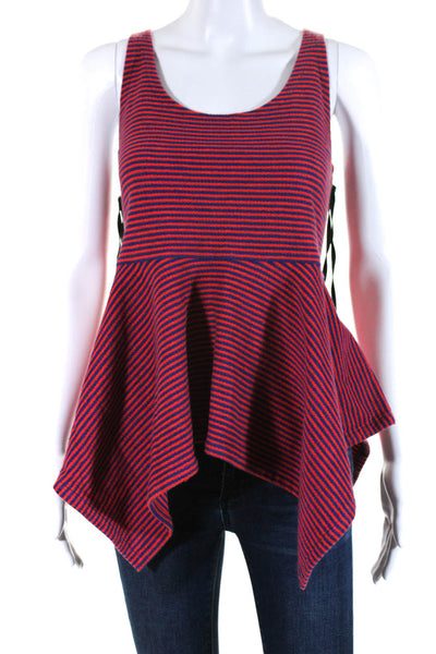 Carven Womens Scoop Neck Striped Sleeveless Peplum Top Blouse Red Blue Medium