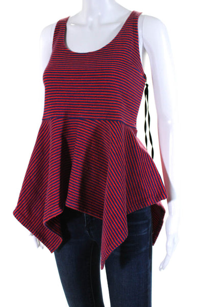 Carven Womens Scoop Neck Striped Sleeveless Peplum Top Blouse Red Blue Medium