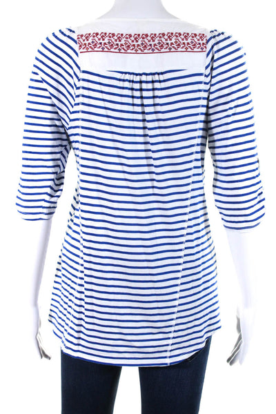 Tiny Womens Cross Stitched Y Neck Striped Tee Shirt Blouse Blue White Medium