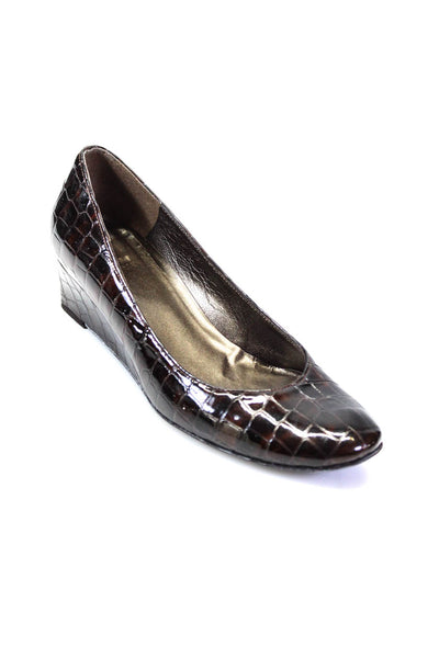 Stuart Weitzman Womens Textured Patent Leather Slip On Low Wedges Brown Size 6M