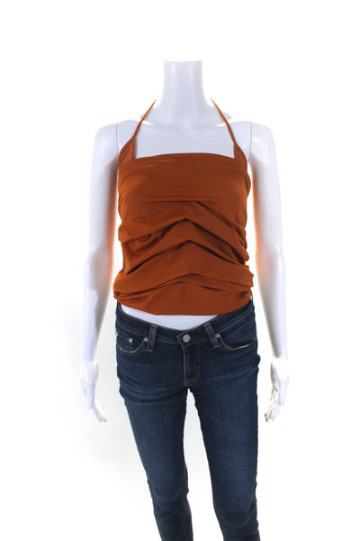 Monse Womens Sleeveless Ruched Halter Top Blouse Orange Size Small