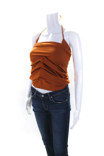 Monse Womens Sleeveless Ruched Halter Top Blouse Orange Size Small