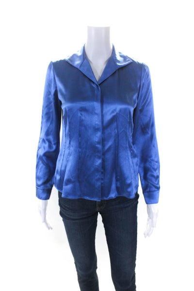 Lafayette 148 New York Womens Long Sleeve Satin Button Up Top Blouse Blue Size 2