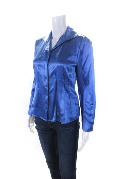 Lafayette 148 New York Womens Long Sleeve Satin Button Up Top Blouse Blue Size 2