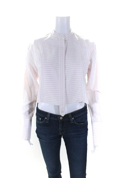 Victoria Beckham Womens Button Up Collarless Striped Crop Top White Pink Size 2