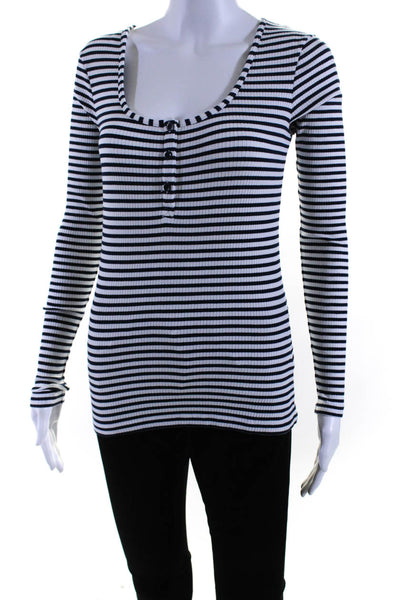 La Ligne Womens Striped Scoop Neck Blouse White Navy Blue Size Extra Small