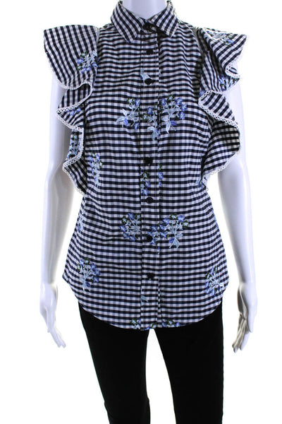 Pearl Women's Sleeveless Button Down Ruffle Check Floral Blouse Blue Size XS