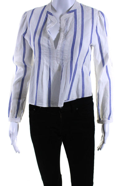 ALC Women's Round Neck Long Sleeves Blue White Stripe Cotton Blouse Size XS