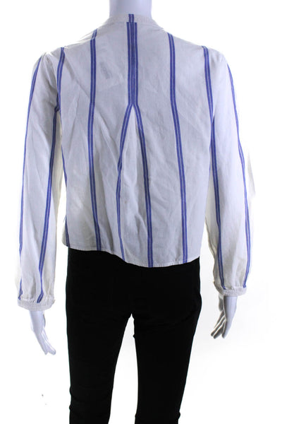 ALC Women's Round Neck Long Sleeves Blue White Stripe Cotton Blouse Size XS