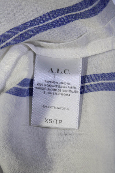 ALC Women's Round Neck Long Sleeves Blue White Stripe Cotton Blouse Size XS