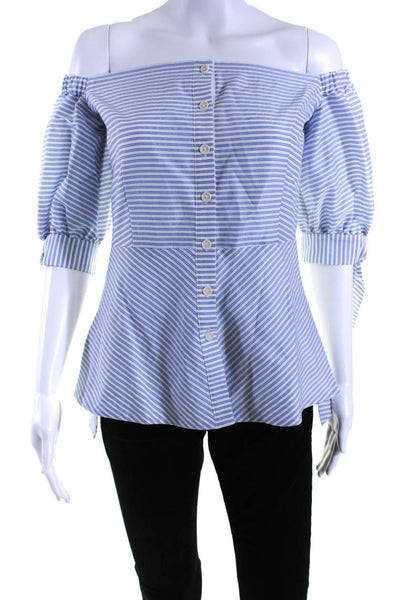 Pearl Women's Off The Shoulder Short Sleeves Button Up Blue Stripe Blouse Size 0