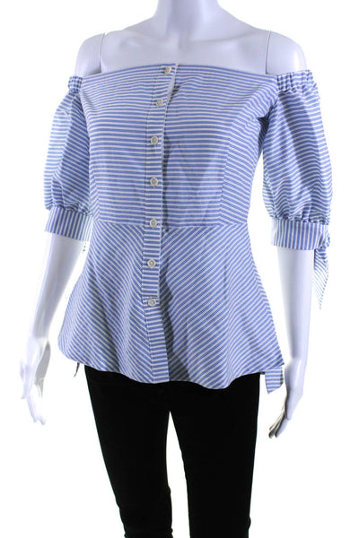 Pearl Women's Off The Shoulder Short Sleeves Button Up Blue Stripe Blouse Size 0