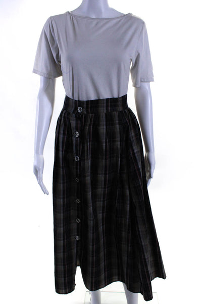 Buru Women's Button Down Pockets Flare Midi Line Plaid Skirt Size XS