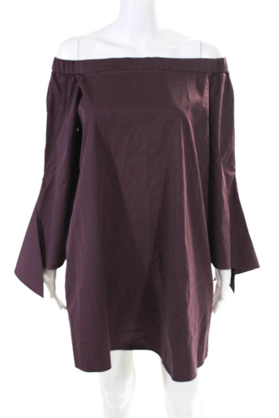 Tibi Womens Long Sleeve Poplin Off Shoulder Shift Dress Burgundy Size 10