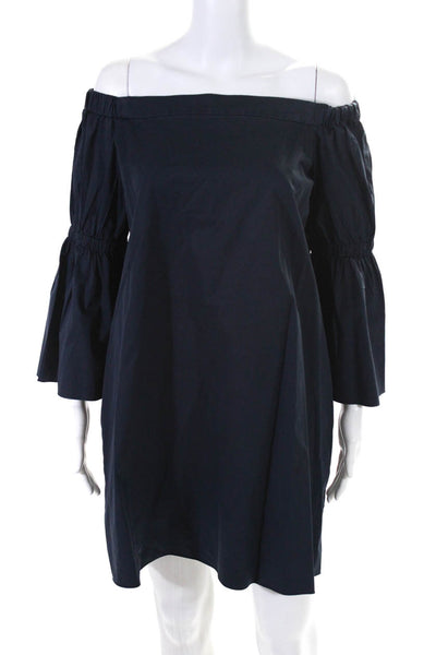 Tibi Womens Bell Sleeve Poplin Off Shoulder Shift Dress Navy Blue Size 8