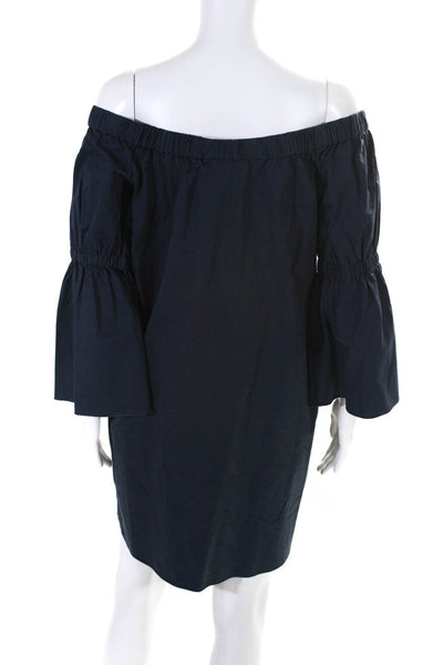 Tibi Womens Bell Sleeve Poplin Off Shoulder Shift Dress Navy Blue Size 8