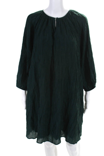 COS Womens Long Sleeve Plisse Crew Neck Swing Shift Dress Dark Green Size 8