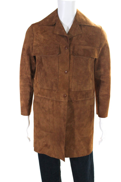 Designer Mens Long Collared Snap Suede Leather Jacket Tan Size Medium