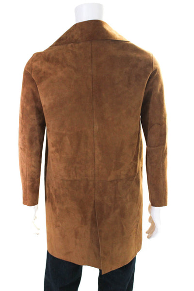 Designer Mens Long Collared Snap Suede Leather Jacket Tan Size Medium