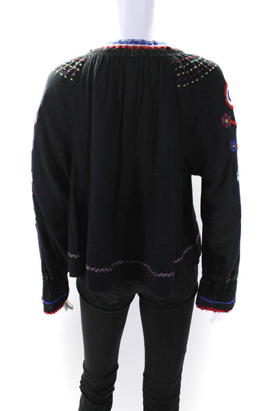 Ulla Johnson Womens Silk Embroidered  Key Hole Neck Blouse Black Size 0