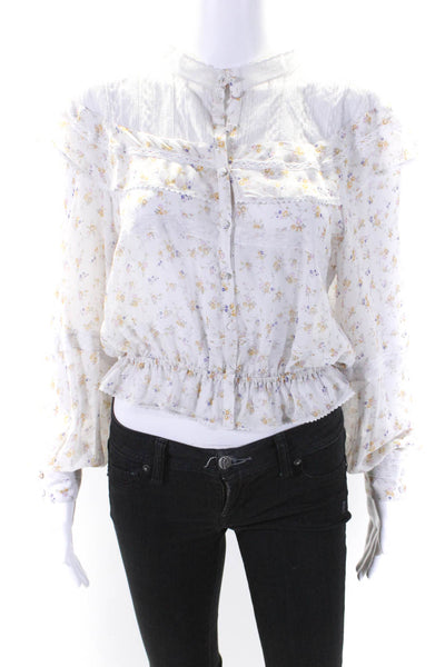 Love Shack Fancy Womens Silk Floral Print Button Down Blouse White Size Medium