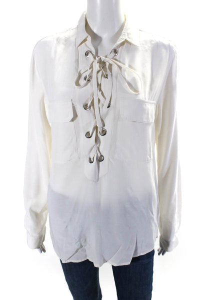 Set Womens Lace-Up Collared Long Sleeve Tied Pullover Blouse Top White Size 2