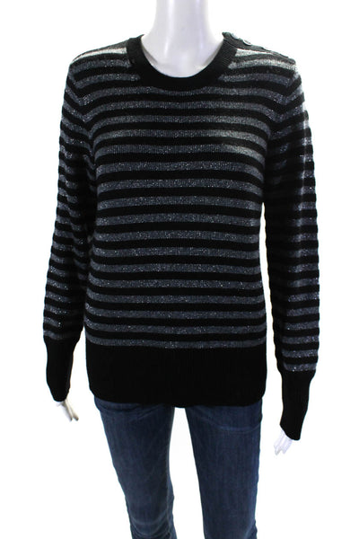 Equipment Femme Womens Metallic Wool Striped Crew Neck Sweater Top Black Size S