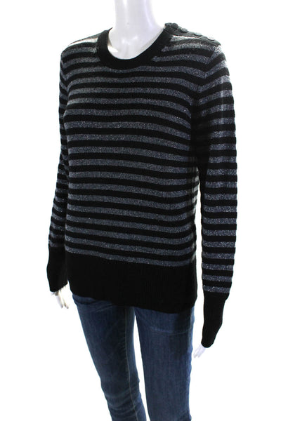 Equipment Femme Womens Metallic Wool Striped Crew Neck Sweater Top Black Size S