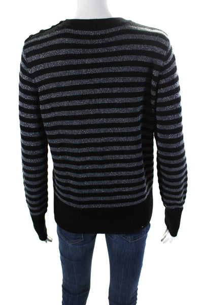 Equipment Femme Womens Metallic Wool Striped Crew Neck Sweater Top Black Size S