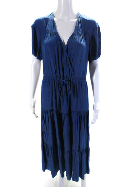 Gerard Darel Womens Woven V-Neck Drawstring Waist A-Line Dress Blue Size 38