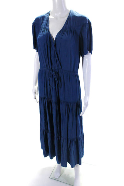 Gerard Darel Womens Woven V-Neck Drawstring Waist A-Line Dress Blue Size 38