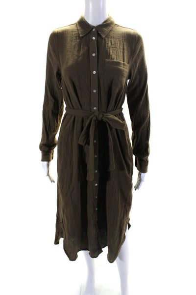 Magaschoni Women's Long Sleeves Collared Belt Maxi Shirt Dress Green Size S