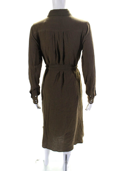 Magaschoni Women's Long Sleeves Collared Belt Maxi Shirt Dress Green Size S