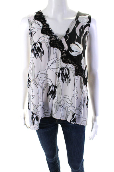 BCBGMAXAZRIA Women's V-Neck Sleeveless Lace Trim Floral Blouse Size XS